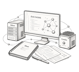 Illustration of an AI workstation with ASUNODE, Shan, Carathis and Mihon
